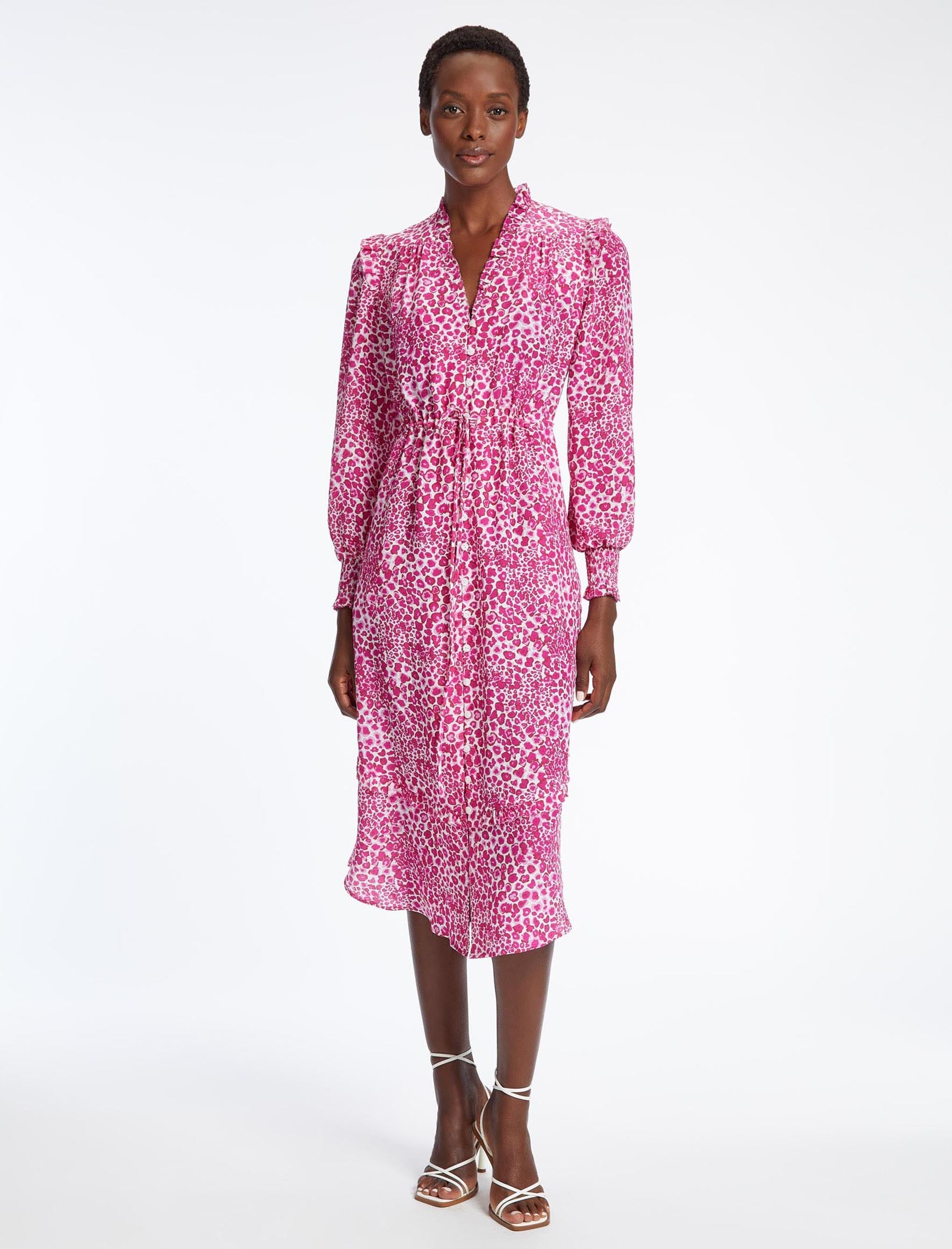 Stella Drawstring Frill Detail Midi Dress White Pink Leopard Pansy Print