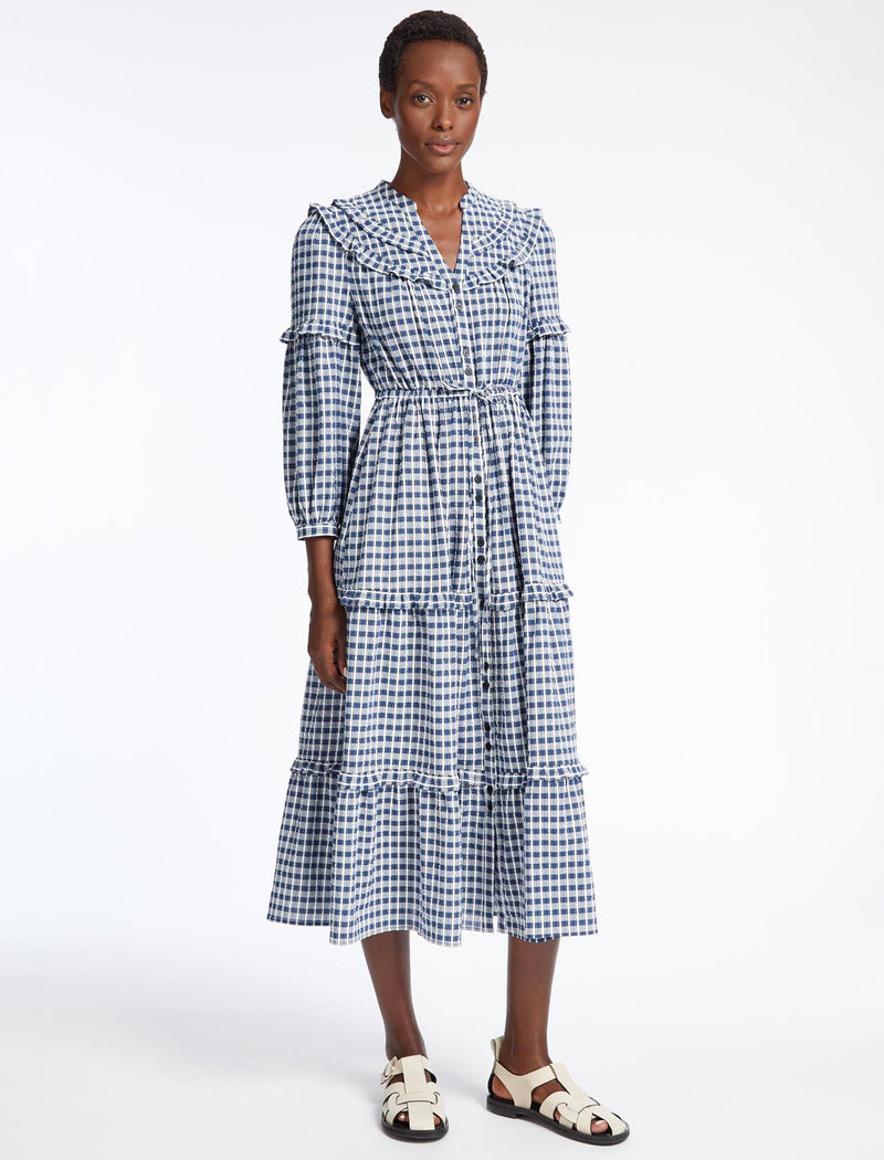 Suki Organic Cotton Seersucker Maxi Dress - Blue White Check