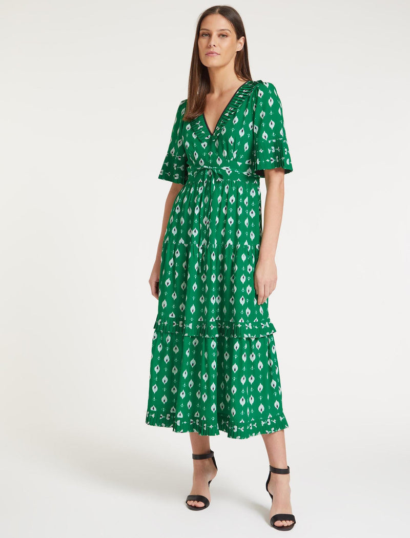 Cordelia Cotton Maxi Dress - Green Ikat Print