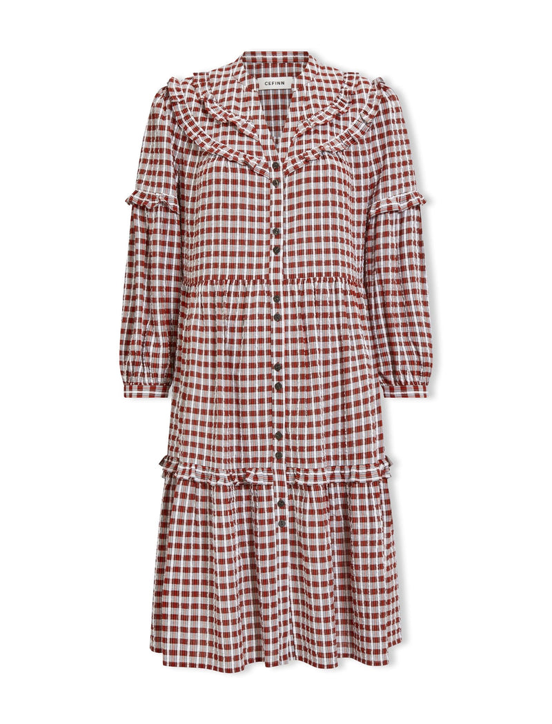 Suki Organic Cotton Seersucker Midi Dress - Red White Check