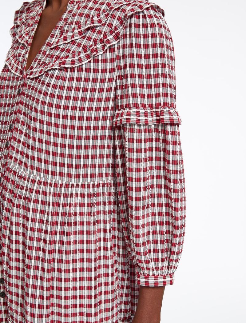 Suki Organic Cotton Seersucker Midi Dress - Red White Check