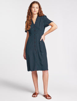 Tabby Silk Dress - Navy Turquoise Polka Dot