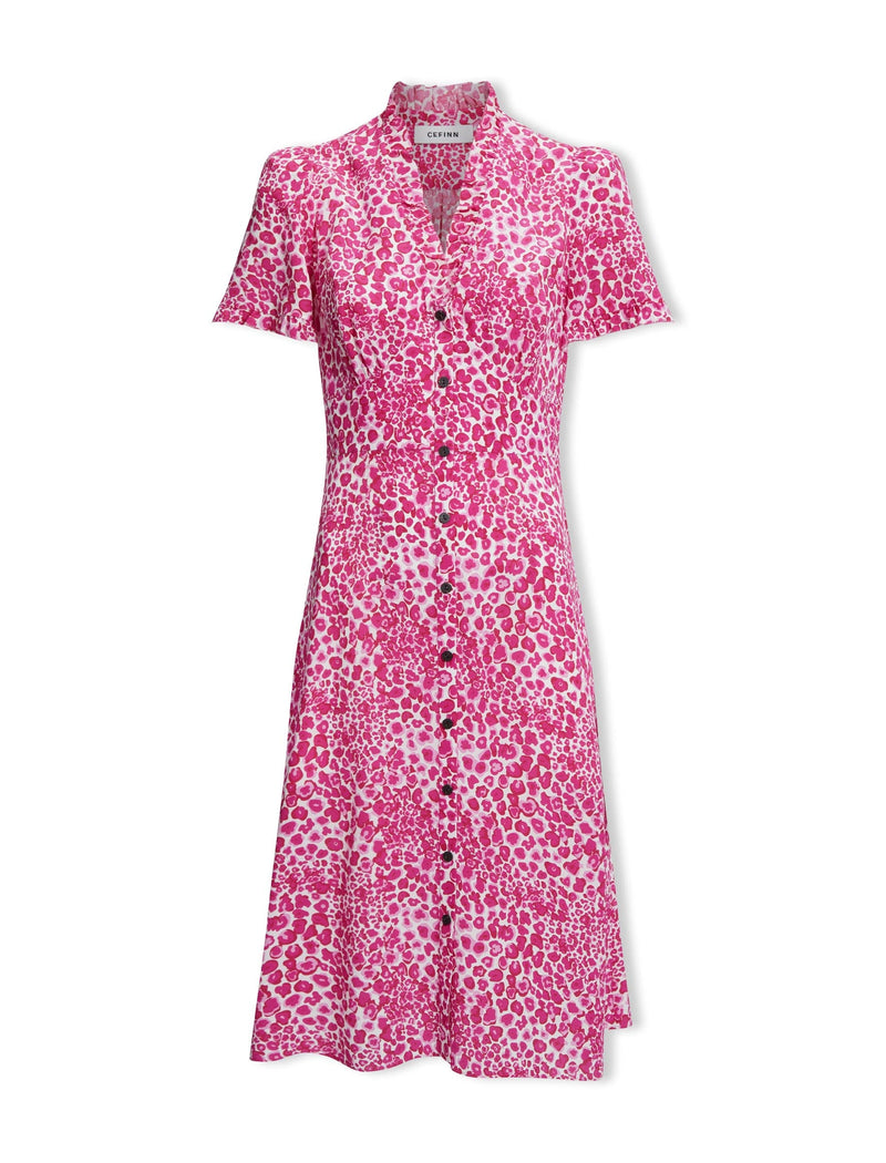 Tabby Silk Dress - White Pink Leopard Pansy Print