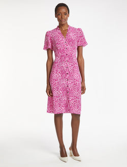 Tabby Silk Dress - White Pink Leopard Pansy Print