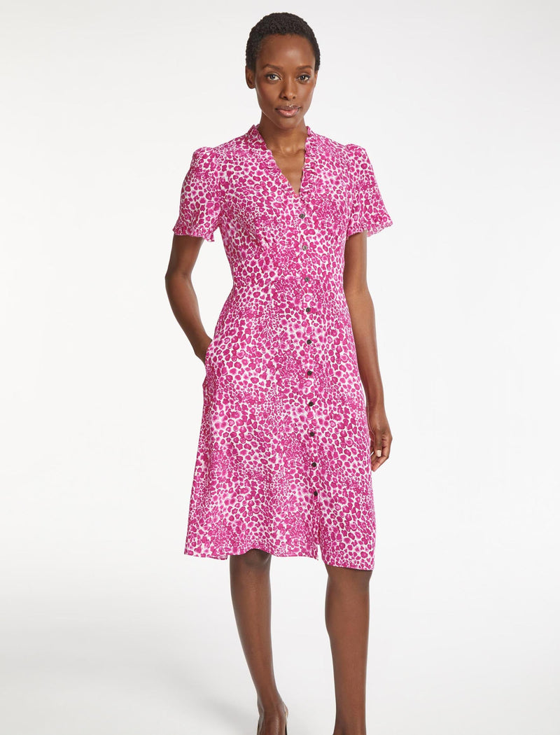 Tabby Silk Dress - White Pink Leopard Pansy Print