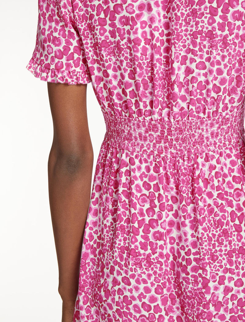 Tabby Silk Dress - White Pink Leopard Pansy Print
