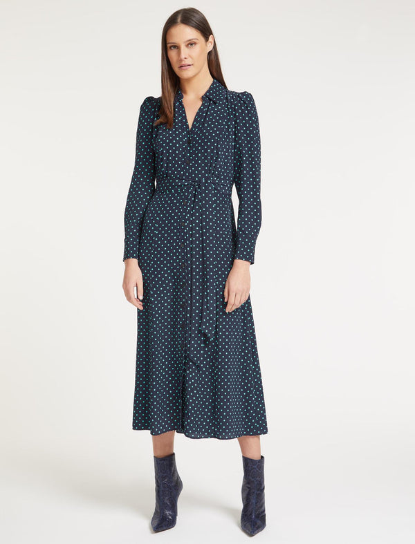Petra Silk Maxi Shirt Dress - Navy Turquoise Polka Dot