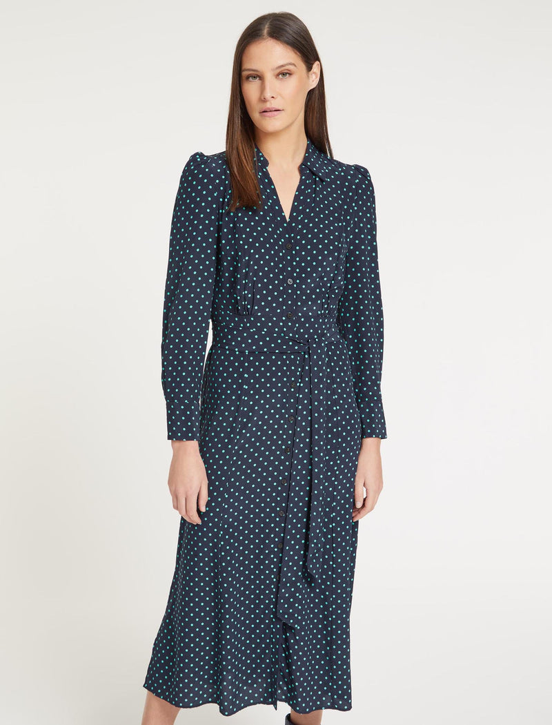 Petra Silk Maxi Shirt Dress - Navy Turquoise Polka Dot