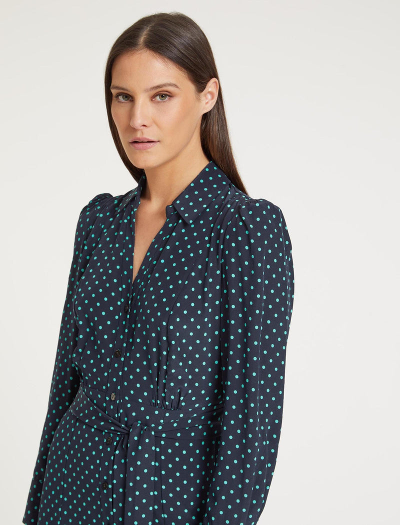 Petra Silk Maxi Shirt Dress - Navy Turquoise Polka Dot