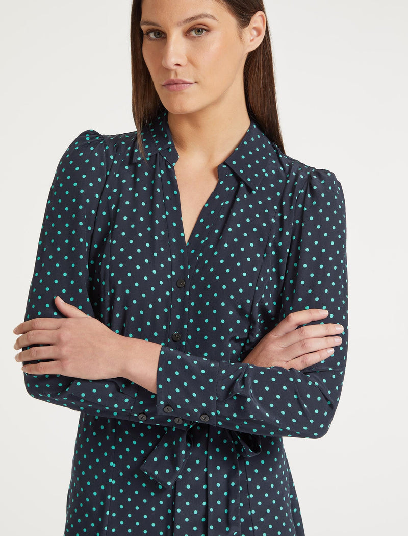 Petra Silk Maxi Shirt Dress - Navy Turquoise Polka Dot