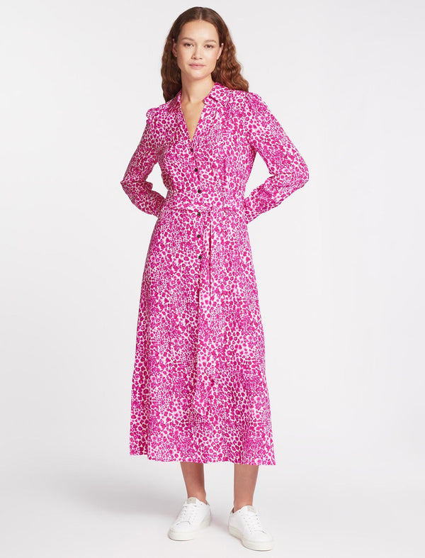 Petra Silk Maxi Shirt Dress - White Pink Leopard Pansy Print