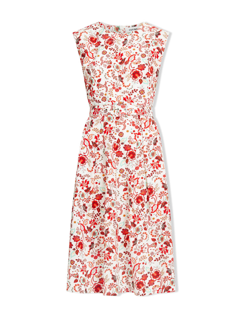 Thandie Organic Cotton Midi Dress - White Red Large Floral Print