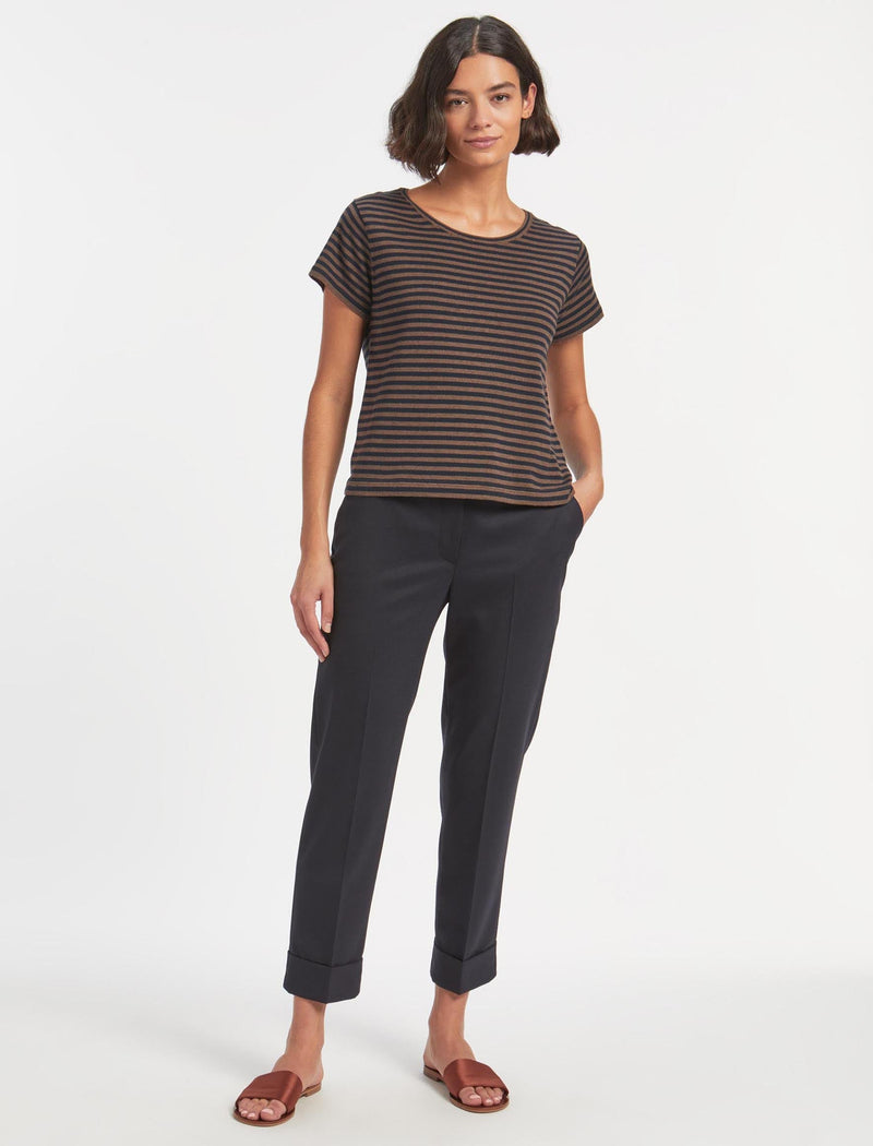 Madison Cotton Silk Blend Round Neck T-Shirt - Brown Navy Stripe