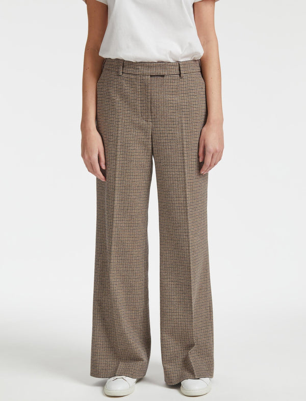 Terence Wool Wide Leg Trouser - Brown Navy Cream Check