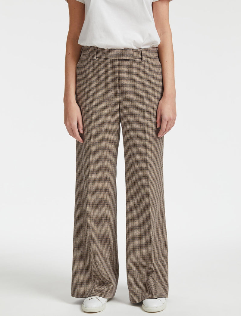 Terence Wool Wide Leg Trouser - Brown Navy Cream Check