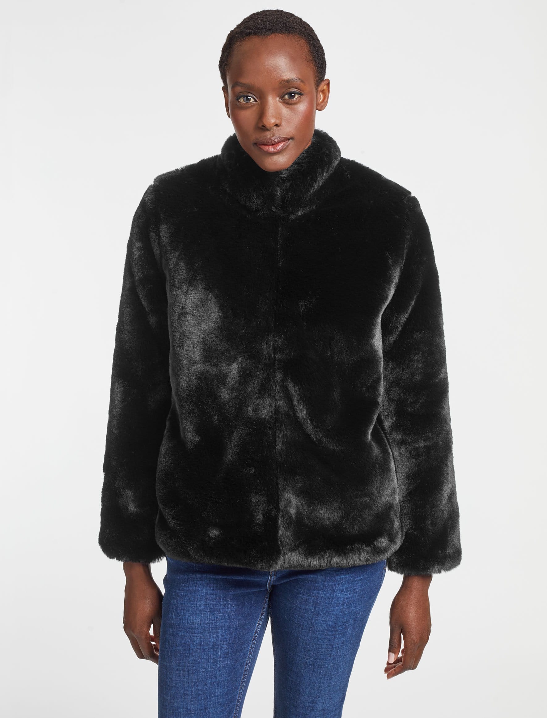 Carly Cropped Faux Fur Coat in Black