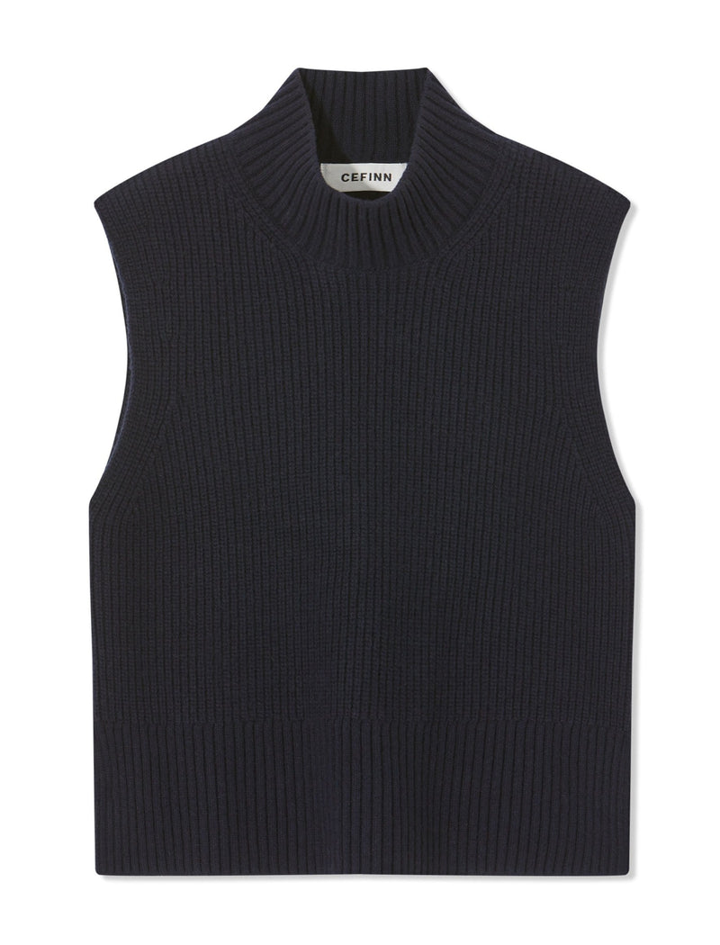 Janie Sleeveless Funnel Neck Jumper - Navy