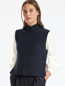 Janie Sleeveless Funnel Neck Jumper - Navy