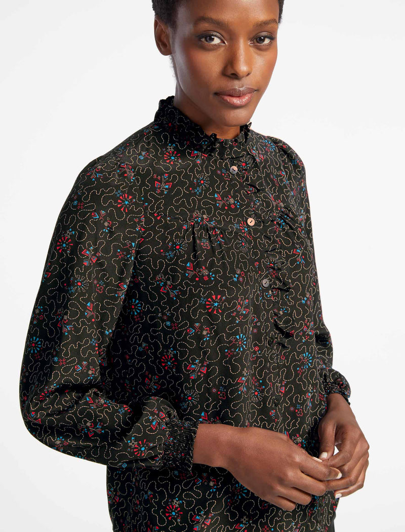 Amelie Silk Blouse - Red Blue Wiggle Print