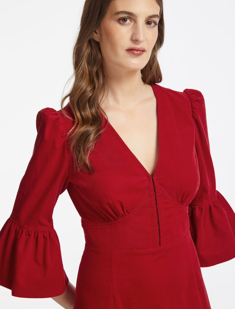 Daphne Pin Corduroy V Neck Maxi Dress - Red