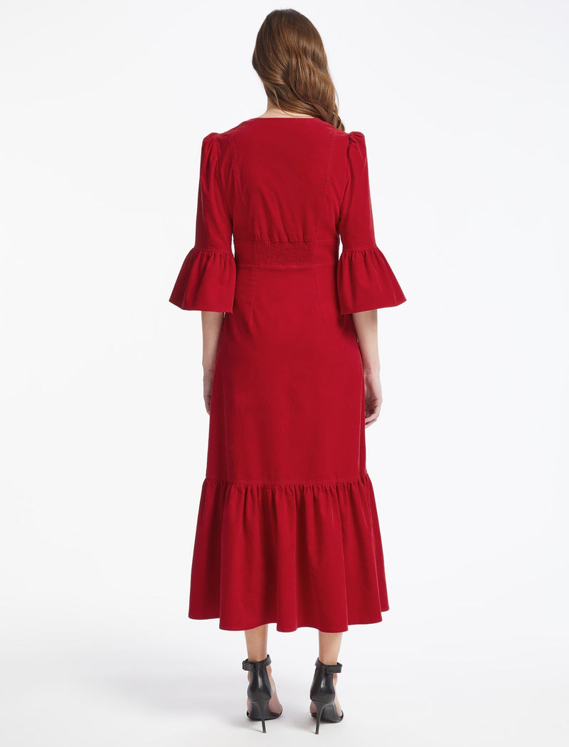 Daphne Pin Corduroy V Neck Maxi Dress - Red