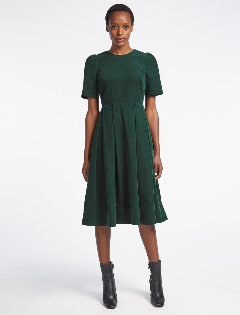 Felicity Pin Corduroy Midi Dress with Belt - Forest Green