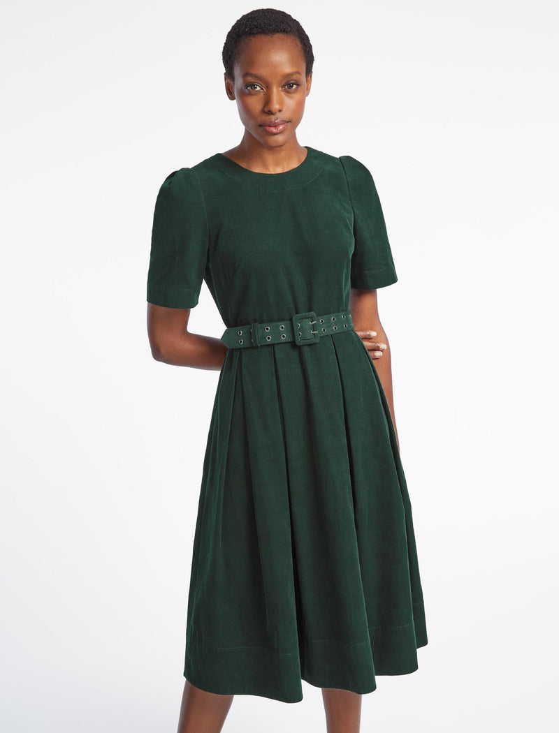 Felicity Pin Corduroy Midi Dress with Belt - Forest Green