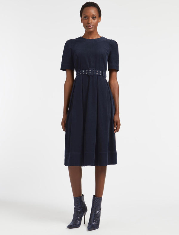 Felicity Pin Corduroy Midi Dress with Belt - Navy