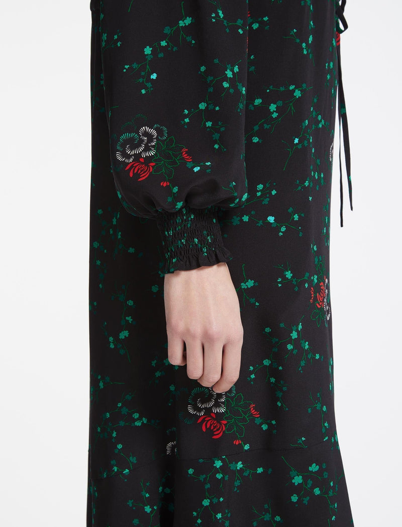 Zahra Silk Drawstring Maxi Dress - Black Lotus Print
