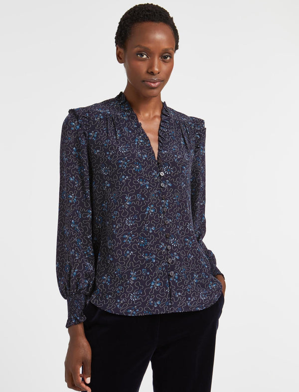 Stella Silk Shirt - Navy Blue Wiggle Print