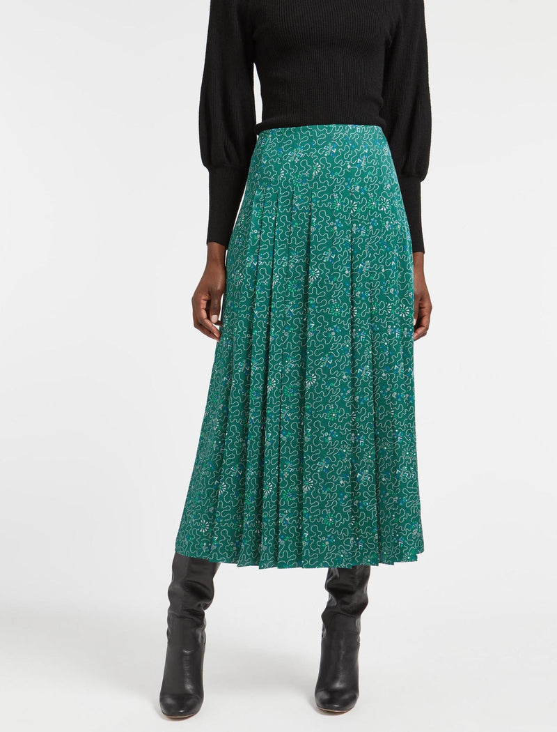 Savannah Pleated Maxi Skirt - Green White Wiggle Print
