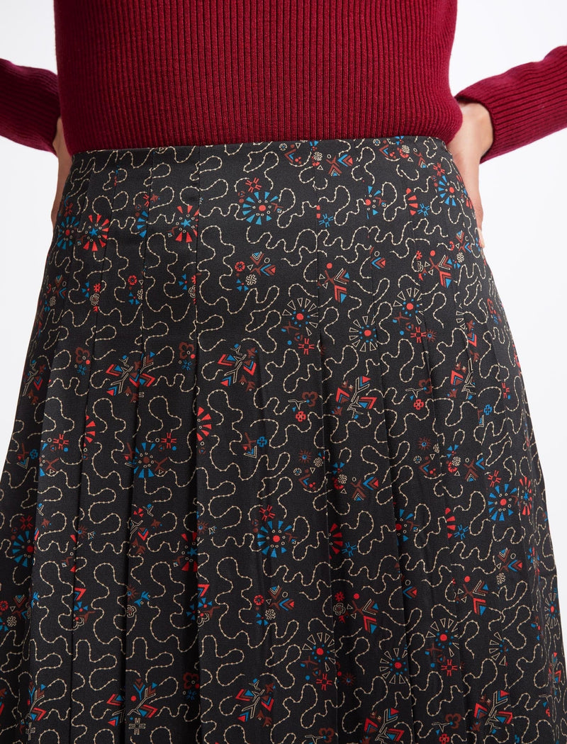 Savannah Pleated Maxi Skirt - Red Blue Wiggle Print
