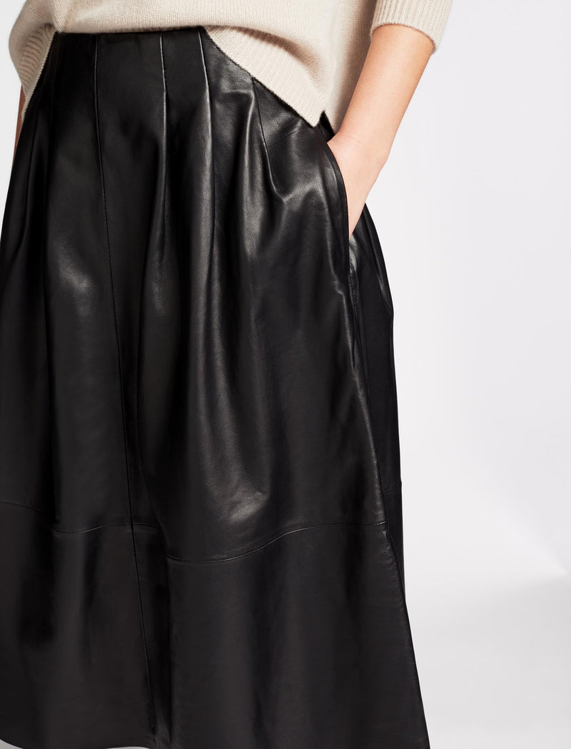 Saffron Leather Midi Skirt with Pleat Detail - Black