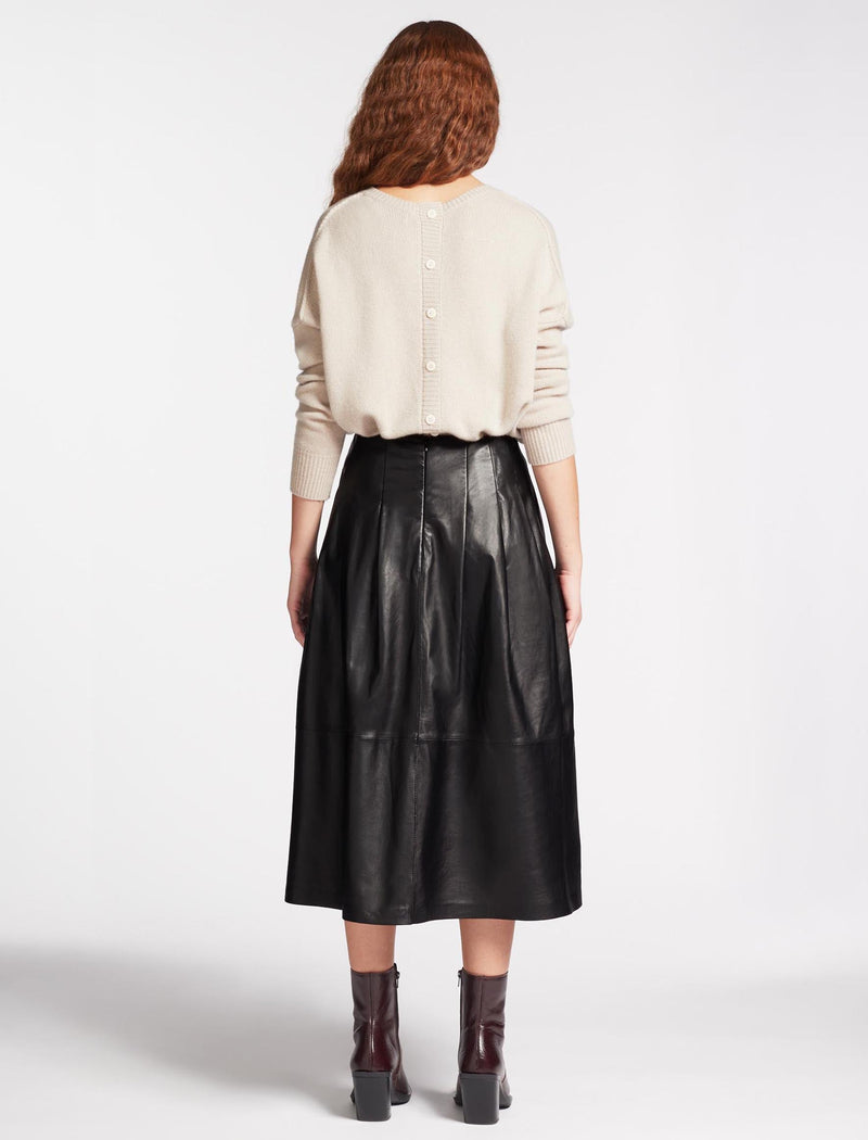 Saffron Leather Midi Skirt with Pleat Detail - Black