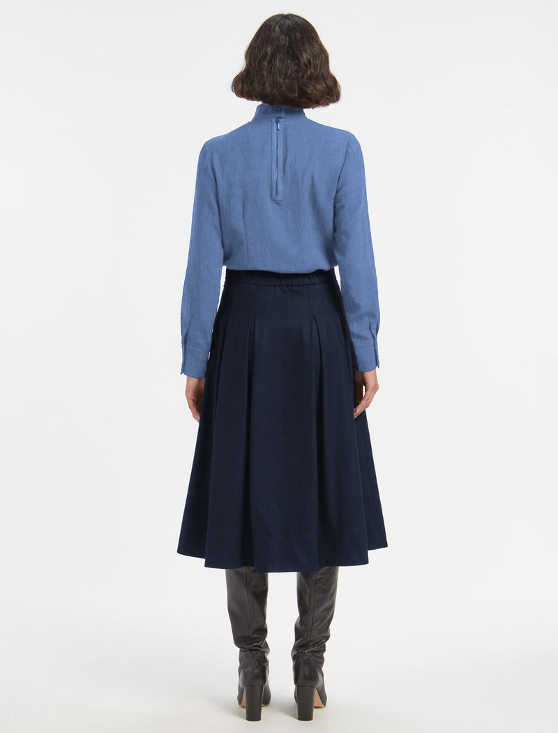 Saffron Felted Wool Pleated Midi Skirt - Navy